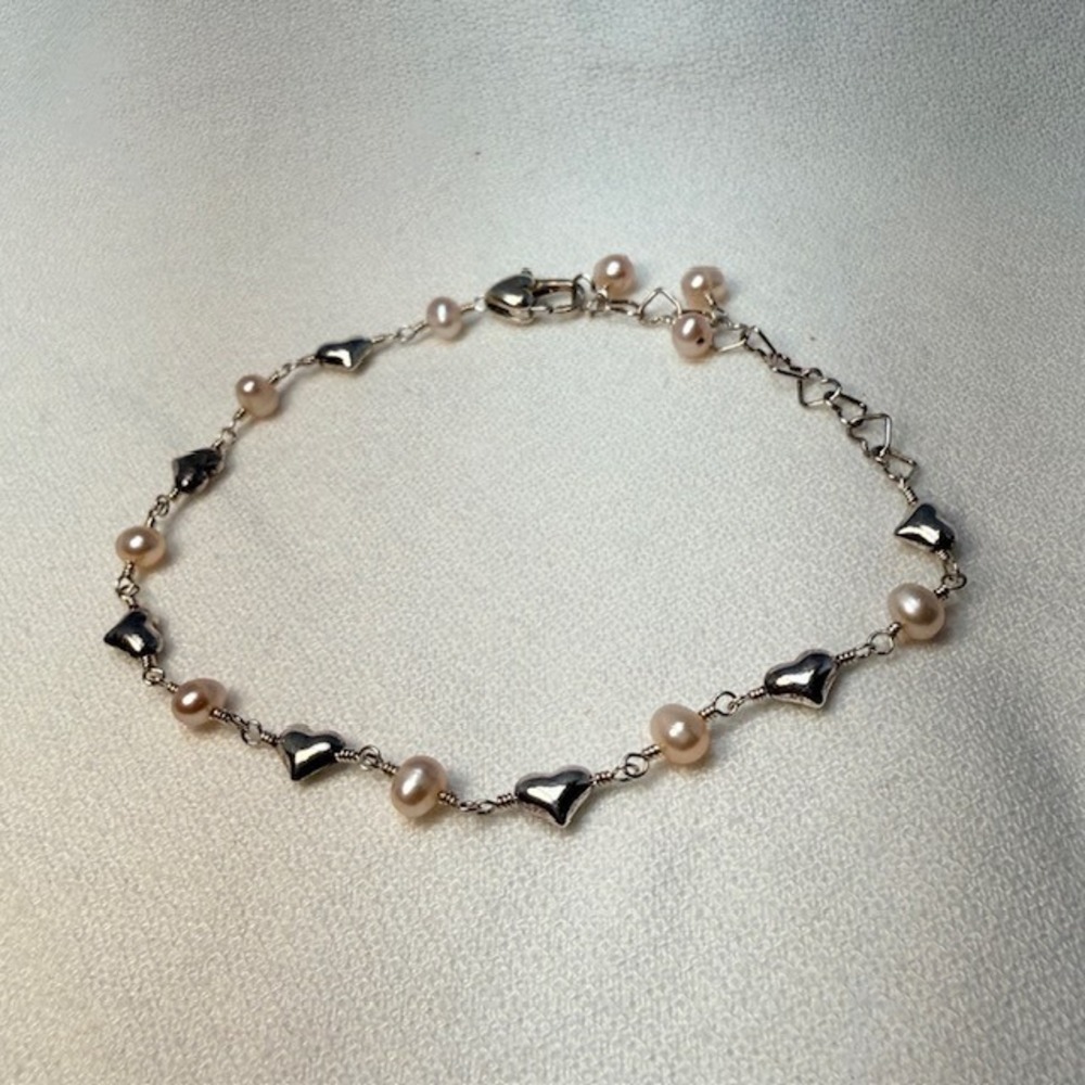 Sterling Silver 925 Hearts and Seed Pearl Bracelet NWOT